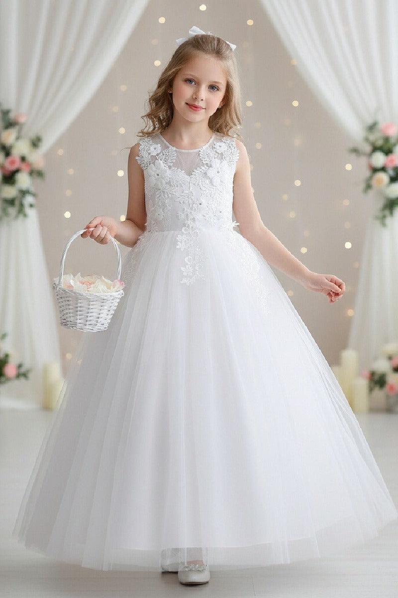 A-Line Sleeveless Illusion Neck Floral Lace Floor Length Tulle Flower Girl Dresses 1031510840167 - 7 Days / White / 120cm - COCOMELODY